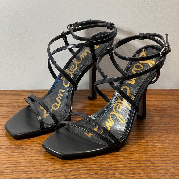 NWT | Sam Edelman Leanne Black Leather Ankle Strap Sandal Stiletto Heel - Picture 1 of 16